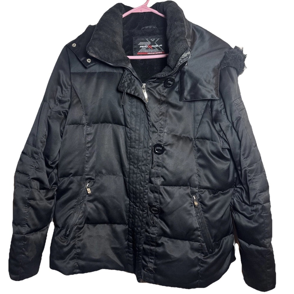 ZeroXposur Women's XL Black Down Puffer Jacket Faux Fur‎ Hood Winter Coat